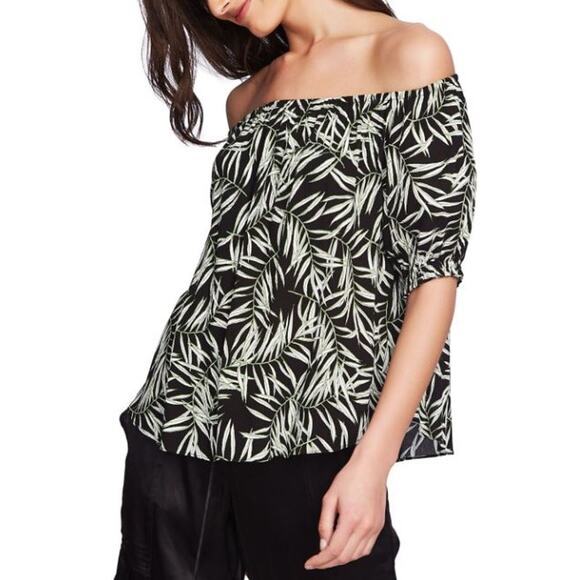 1.STATE Womens Off The Shoulder Palm Print Top Size S Black NWT Tropical - Picture 1 of 6